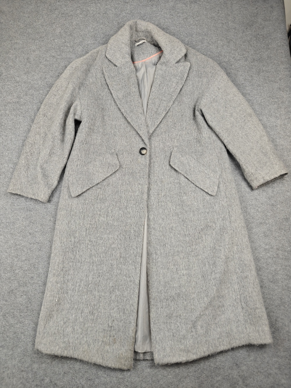 Topshop Coat Womens 6 Gray Overcoat Collared Lined Pockets Button Long Tweed